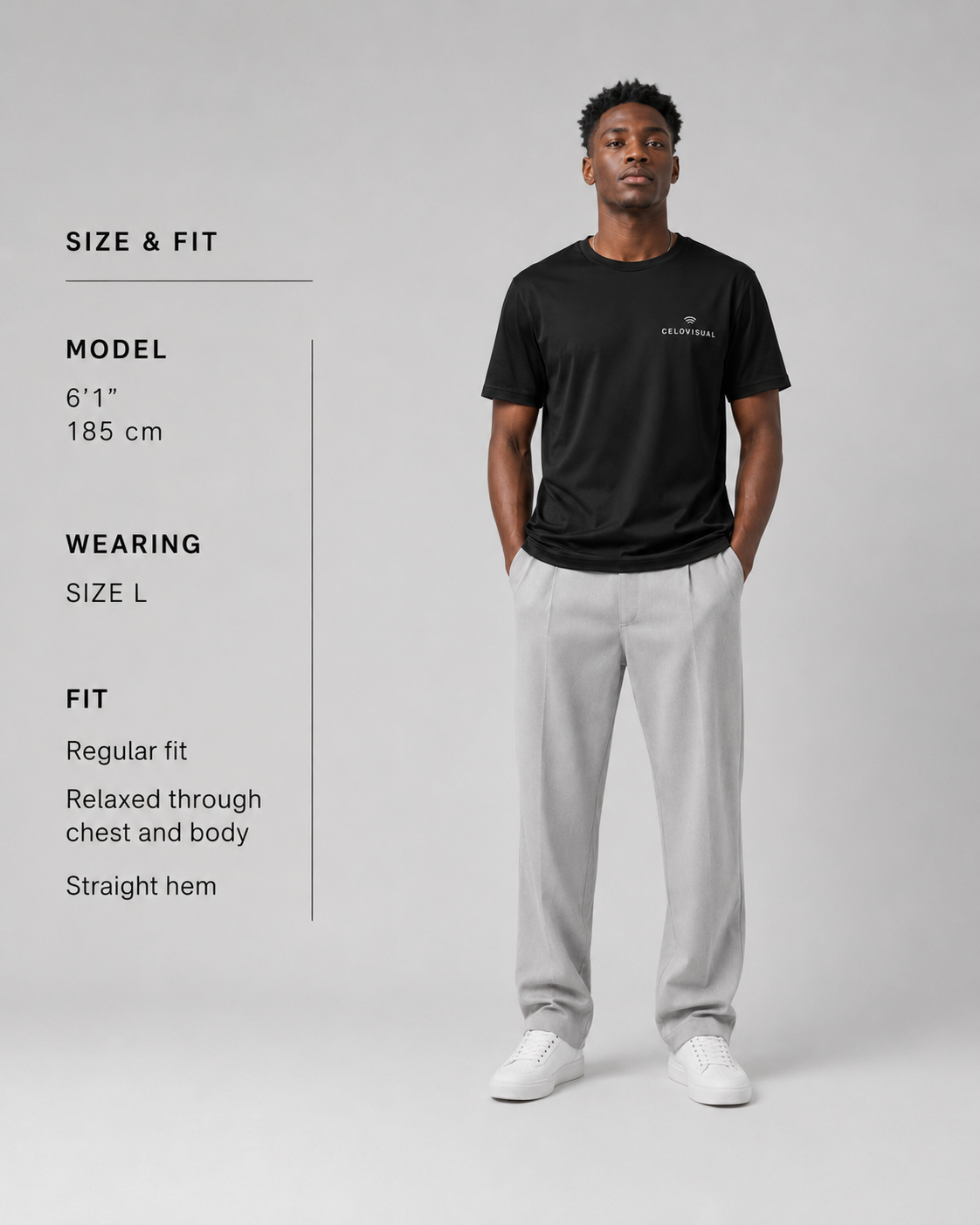 Man wearing a black t-shirt and gray pants on a gray background with size and fit information.