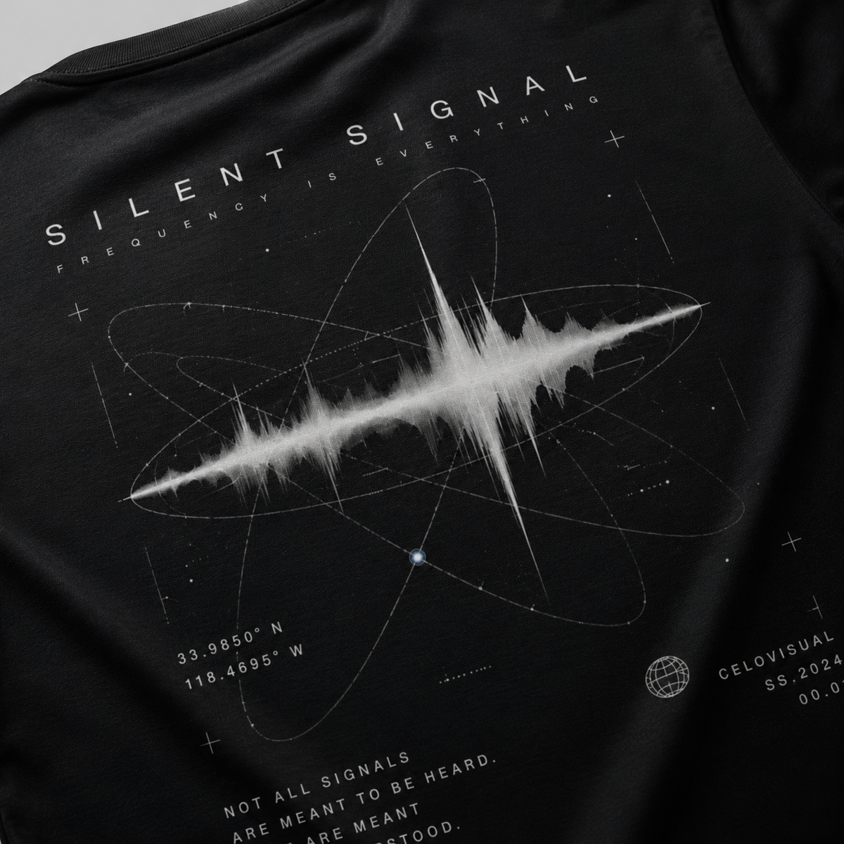 Black t-shirt with white sound wave design and text on a dark background