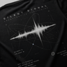 Black t-shirt with white sound wave design and text on a dark background