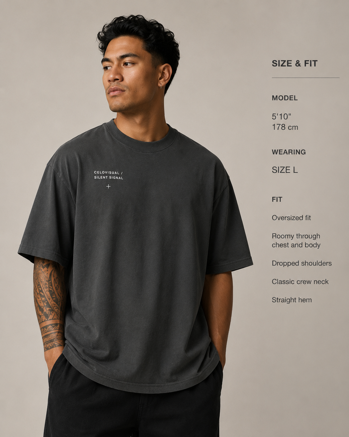 Man wearing a black t-shirt with text on a beige background, featuring size and fit information.