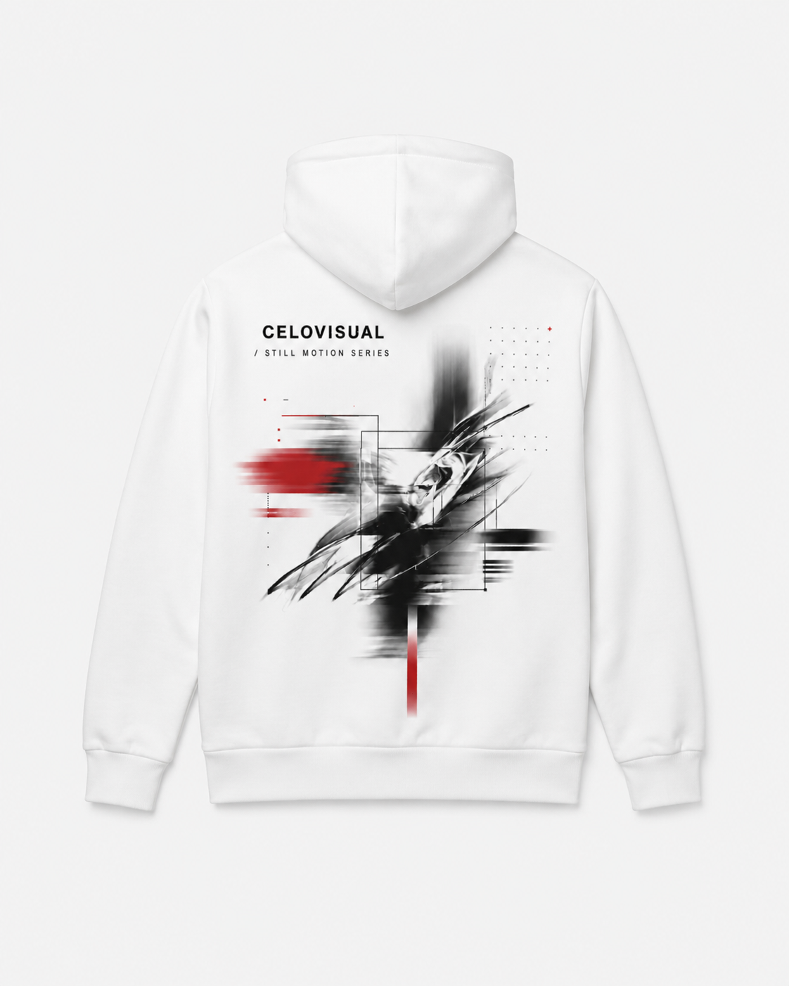 White hoodie with abstract design and 'CELIOVISUAL' branding on a white background