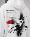 White hoodie with abstract design and 'CELOVISUAL' branding on the back.