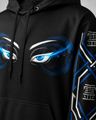 Black hoodie with blue and white eye design on a gray background