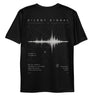 Black t-shirt with white graphic design and text on a white background