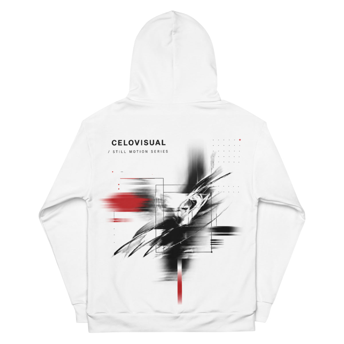 White hoodie with abstract design and 'CELIOVISUAL' branding on a white background