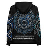 Black hoodie with blue and white graphic design on the back
