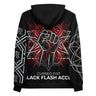 Black hoodie with a fist graphic and text on the back against a white background