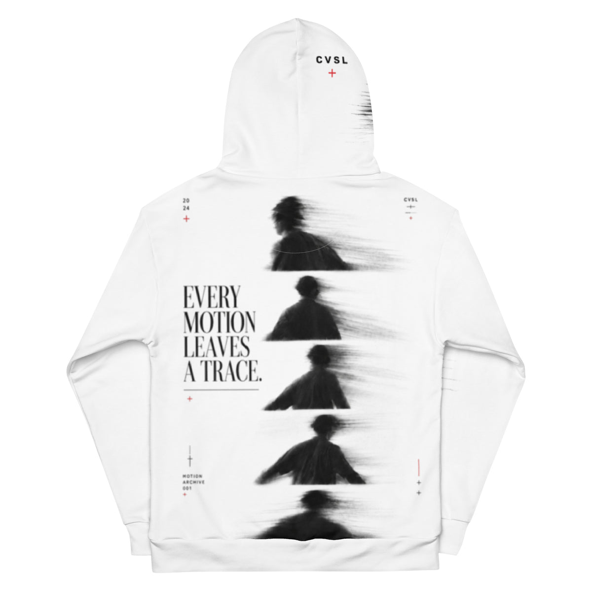 White hoodie with black graphics and text on a white background