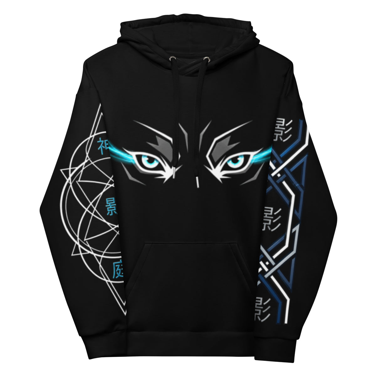 Black hoodie with eye design and blue accents on a white background