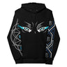 Black hoodie with eye design and blue accents on a white background