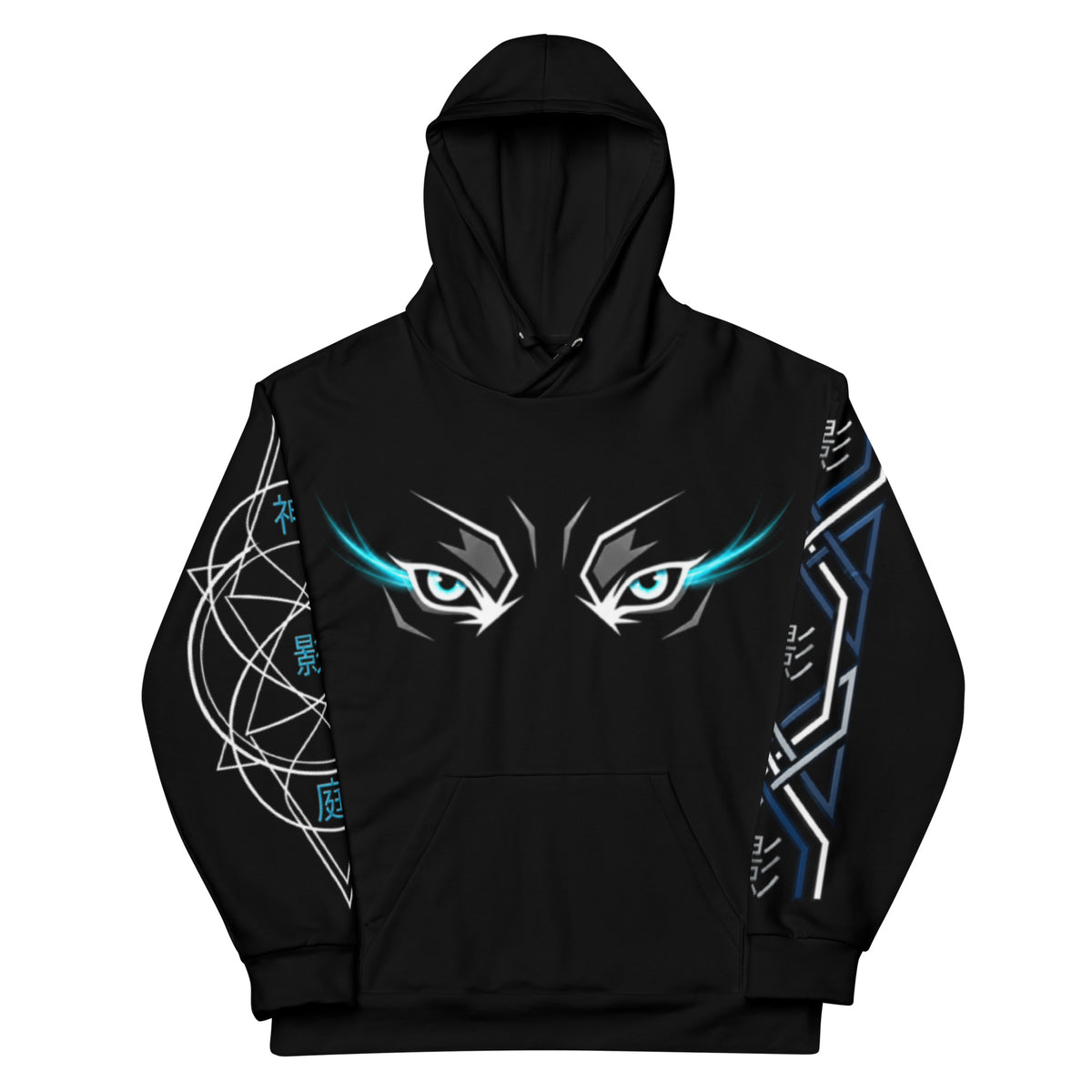 Black hoodie with eye design and geometric patterns on sleeves against a white background