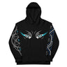 Black hoodie with eye design and geometric patterns on sleeves against a white background