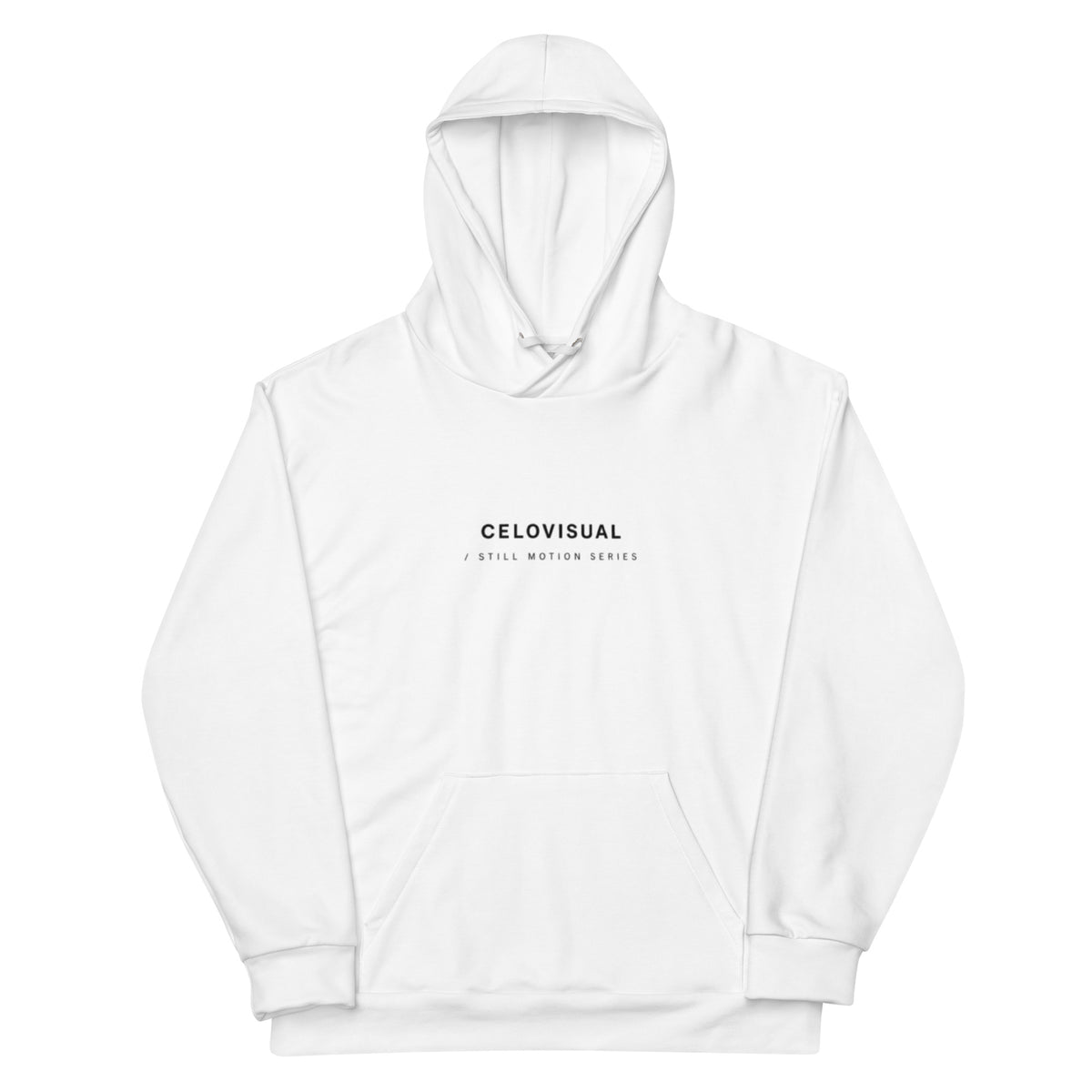 White hoodie with 'CELIOVISUAL' text on a white background