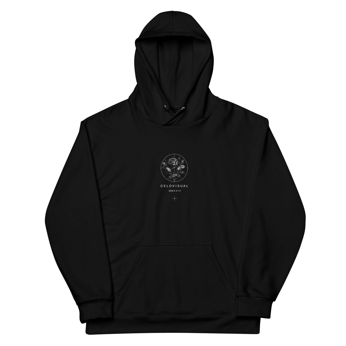 Black hoodie with a small logo on the chest against a white background