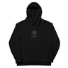 Black hoodie with a small logo on the chest against a white background