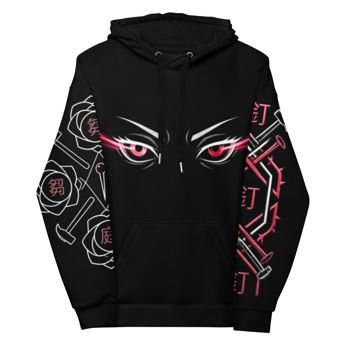 Black hoodie with eye design and red accents on a white background