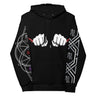 Black hoodie with white graphic design on a white background