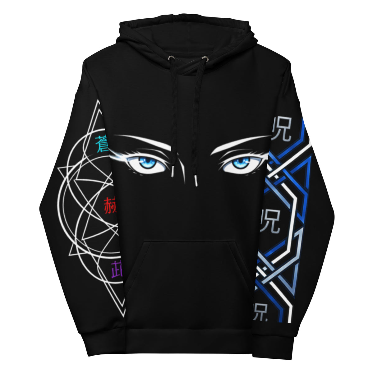 Black hoodie with eye design and geometric patterns on a white background