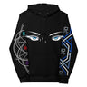 Black hoodie with eye design and geometric patterns on a white background