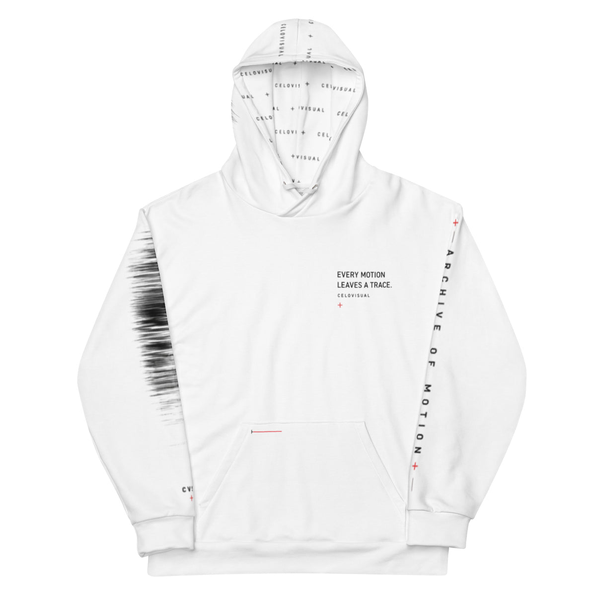 White hoodie with text and design elements on a white background