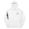 White hoodie with text and design elements on a white background