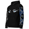 Black hoodie with eye design and blue accents on sleeves against a white background