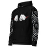 Black hoodie with white fist design and Japanese characters on sleeves against a white background