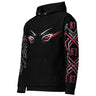 Black hoodie with red and white eye design and Japanese text on sleeves against a white background