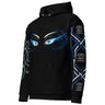 Black hoodie with blue and white eye design and symbols on a white background