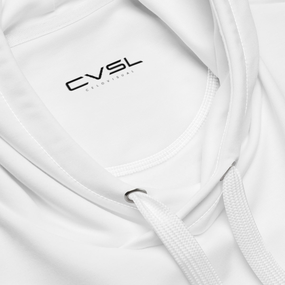 White hoodie with 'CVSL' logo on a white background