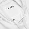 White hoodie with 'CVSL' logo on a white background