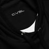 Close-up of a black hoodie with a small logo on the chest.