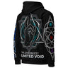 Black hoodie with geometric designs and text on a white background
