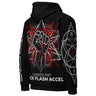 Black hoodie with red and white graphic design on the back