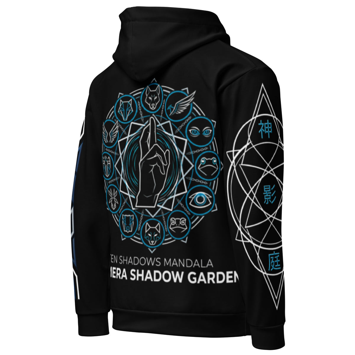 Black hoodie with blue and white designs on a white background