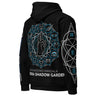 Black hoodie with blue and white designs on a white background