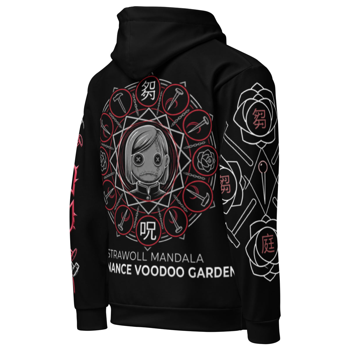Black hoodie with intricate designs and text on the back against a white background