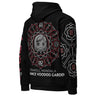 Black hoodie with intricate designs and text on the back against a white background