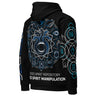 Black hoodie with intricate blue and white designs on the back, featuring text.