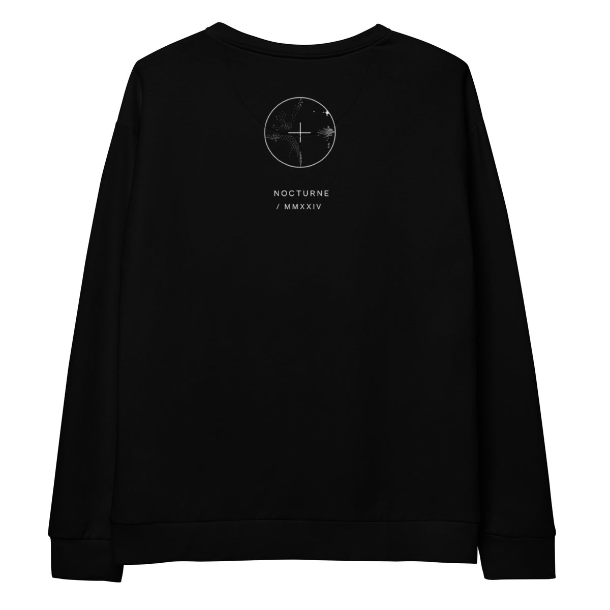 Black sweatshirt with a circular design and text on the back against a white background