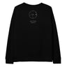Black sweatshirt with a circular design and text on the back against a white background