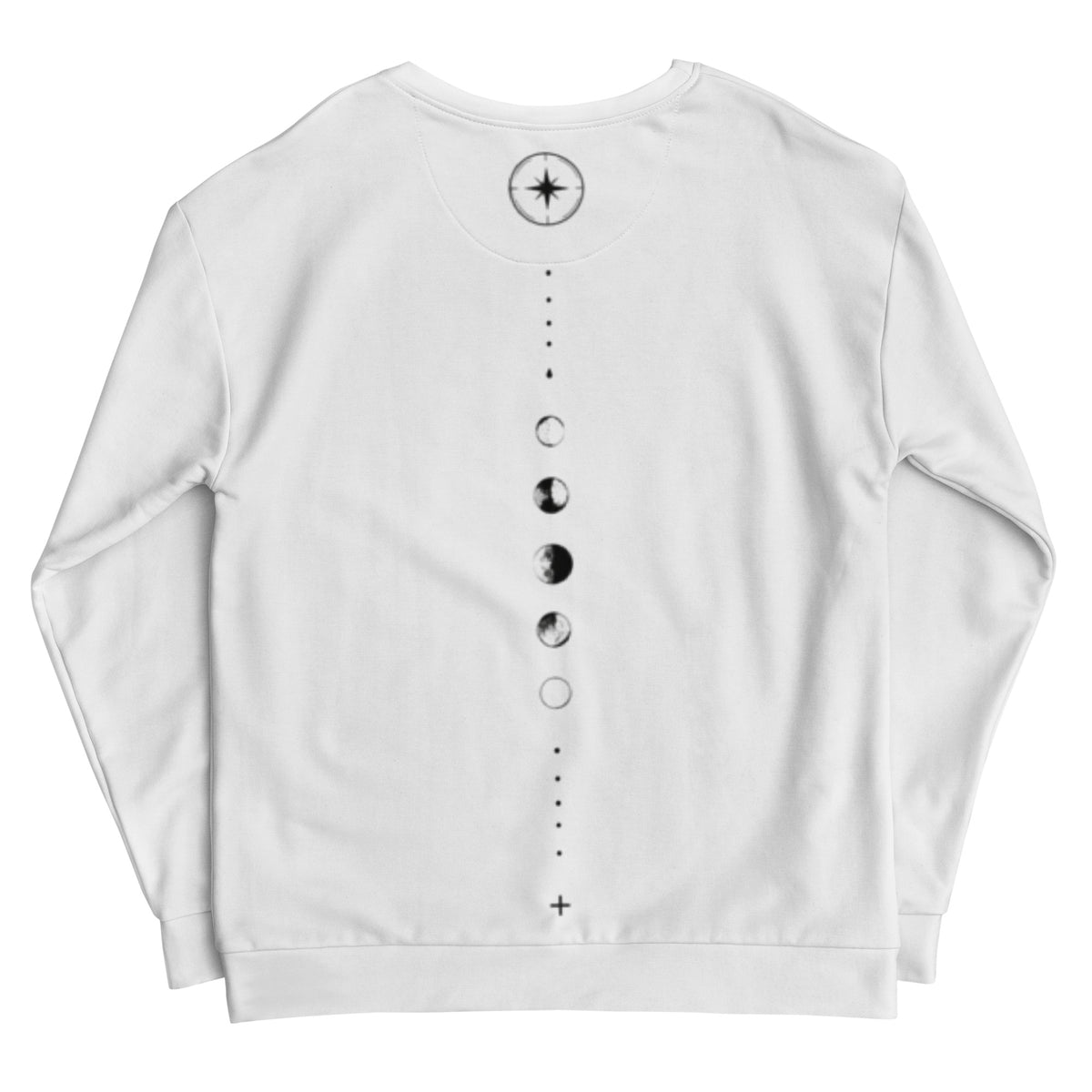 White sweatshirt with black moon phase design on a white background