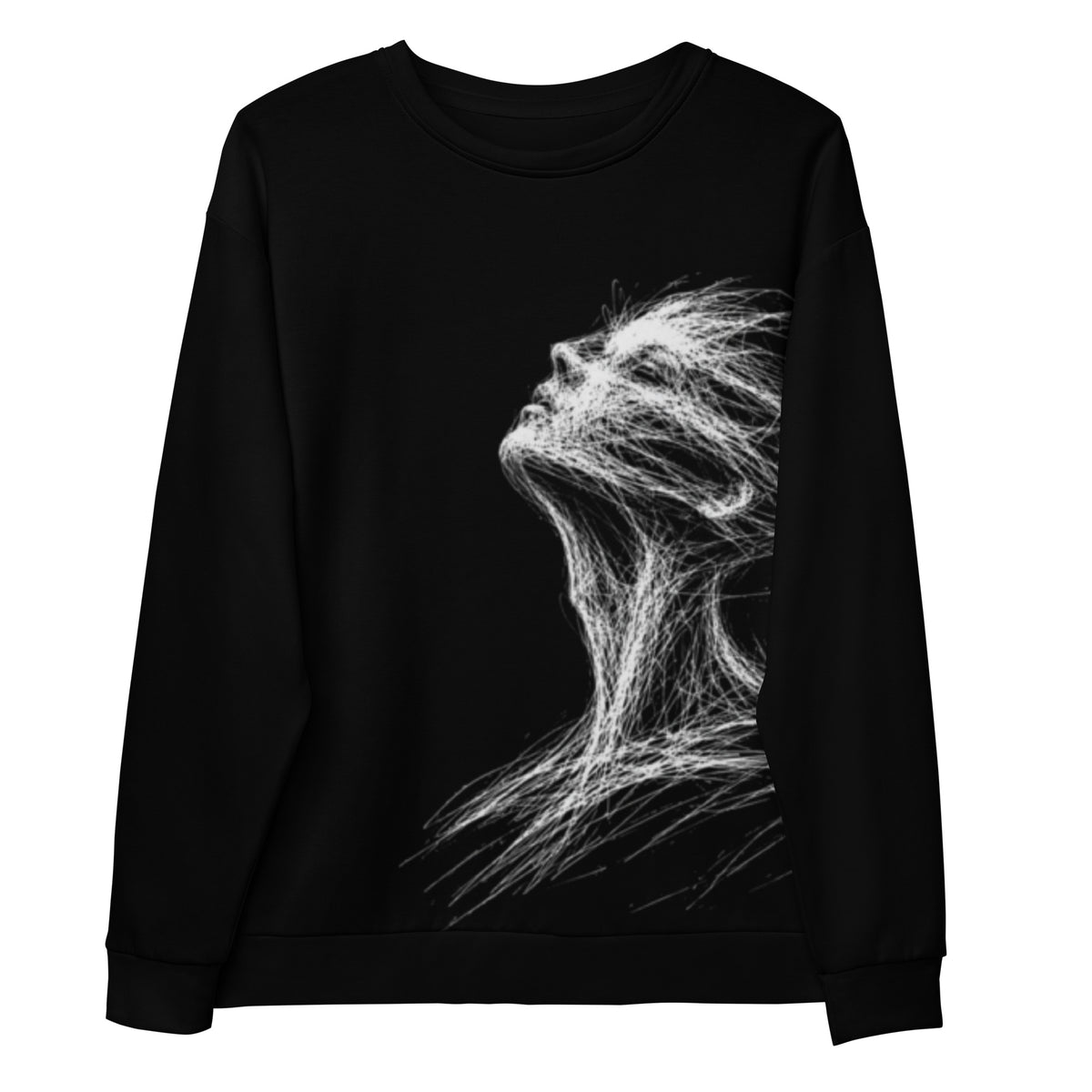 Black sweatshirt with white abstract design on a white background