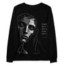 Black sweatshirt with geometric face design and text on a white background