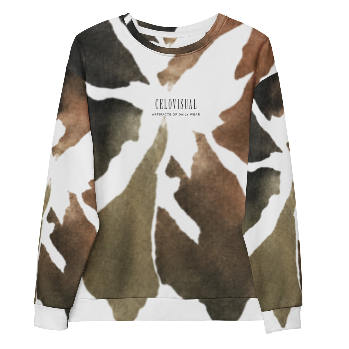 Camouflage-patterned sweatshirt with 'CELIOVISUAL' branding on a white background