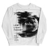 White sweatshirt with eye graphic and text 'Low Light Theory' on a white background