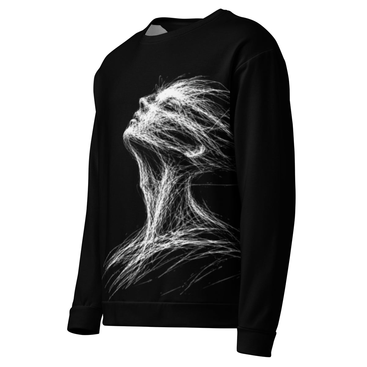 Black sweatshirt with a white abstract design on a white background