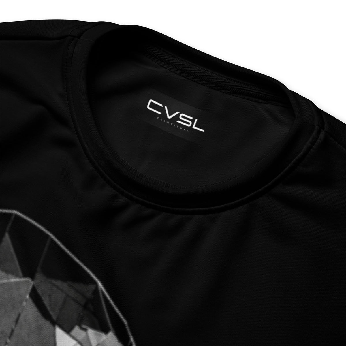 Black long-sleeve shirt with 'CVSL' logo on a white background