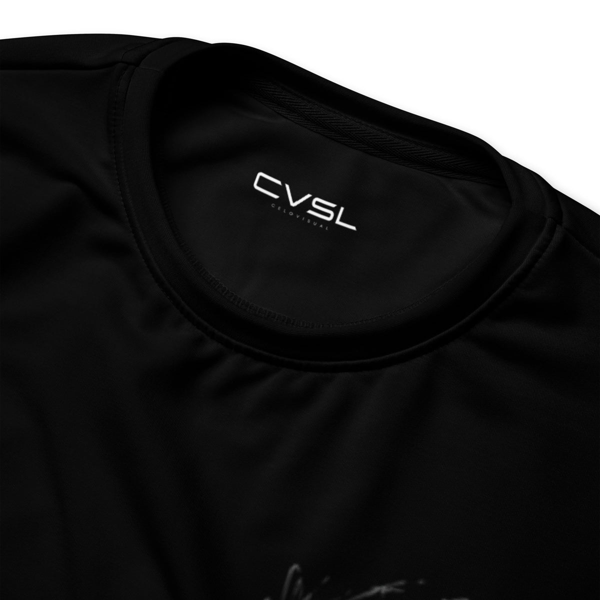 Black long-sleeve shirt with 'CVSL' logo on a white background