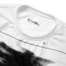 White t-shirt with 'CVSL' logo on a blurred background